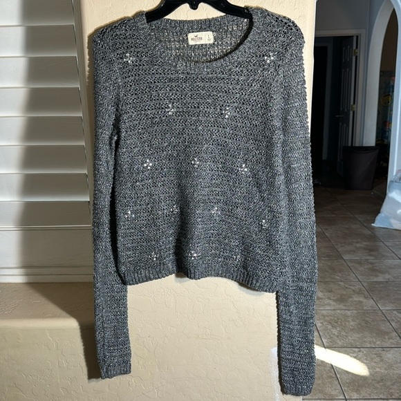 Hollister knit sweater gray with silver metallic thread and crystal gems details - Picture 1 of 9